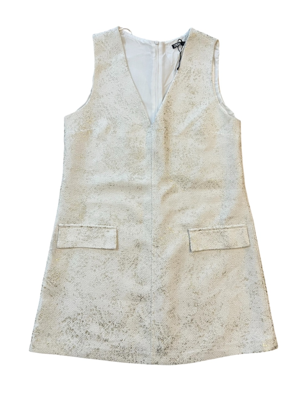 Zara Metallic Gold Tweed V Neck Mini Shift Dress size Medium